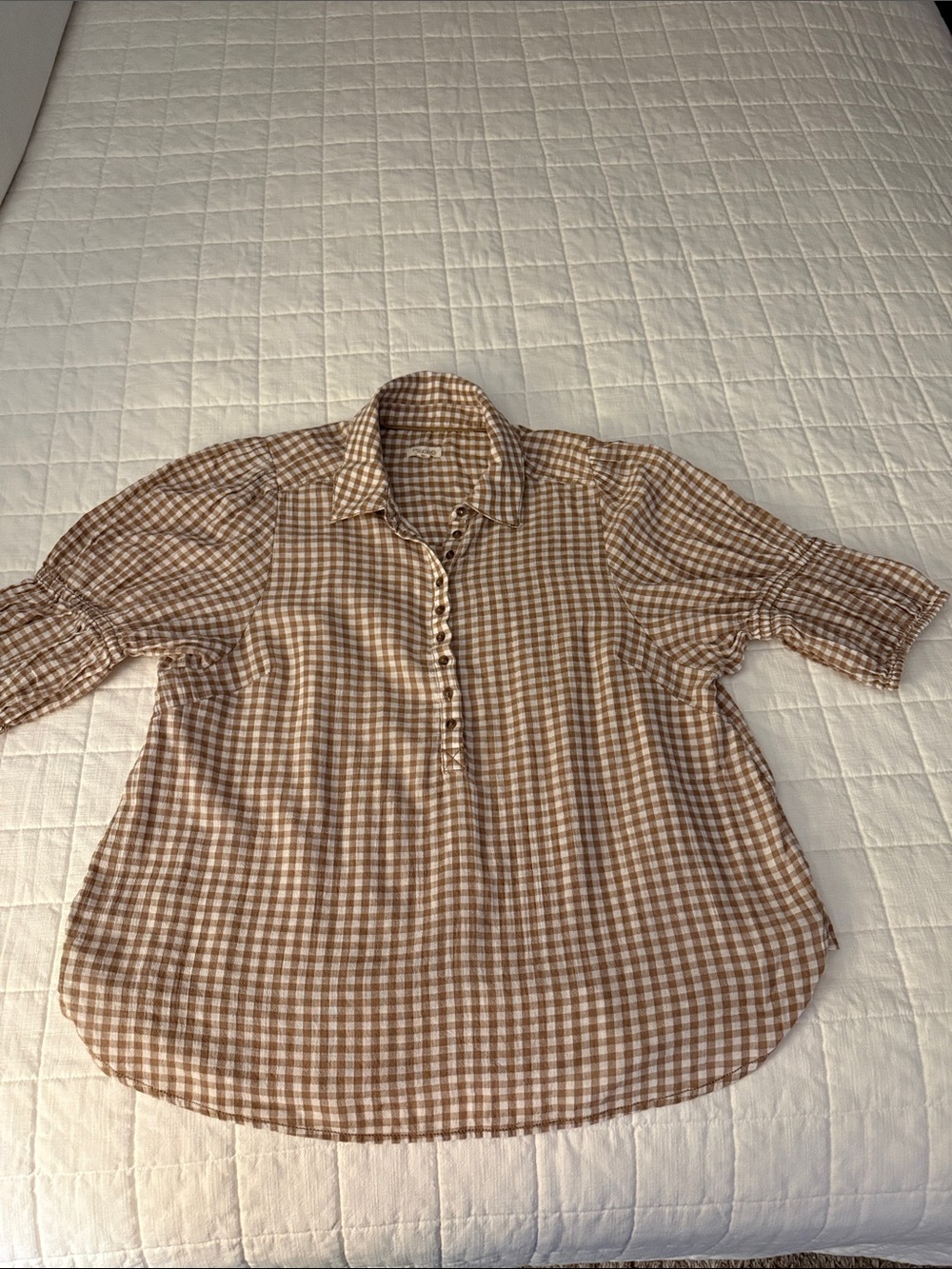 Pilcro Brown and White Gingham Short-Sleeve Button-Front Shirt